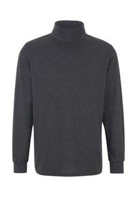 Dunkelgraues Langarm-Turtleneck-Shirt aus weichem Stoff mit engem Kragen und schmalen Manschetten; keine sichtbaren Muster oder Akzente.