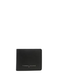 Cartera de cuero negra con textura suave, que presenta un logo en relieve blanco "TOMMY JEANS" en la parte frontal y un diseño minimalista.