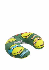 Cuscino a forma di U verde con facce di tartaruga dei cartoni animati, tra cui Leonardo, Donatello, Michelangelo e Raffaello, con accenti colorati.
