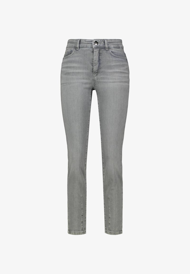 Jean slim-fit taille haute gris en denim avec bouton devant, fermeture éclair et design classique à cinq poches.