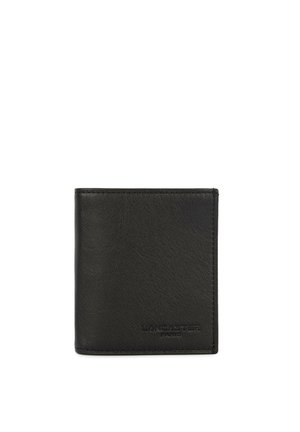 Portefeuille bi-fold en cuir noir avec bords cousus et logo "Lancaster Paris" embossé en bas à droite à l'avant.