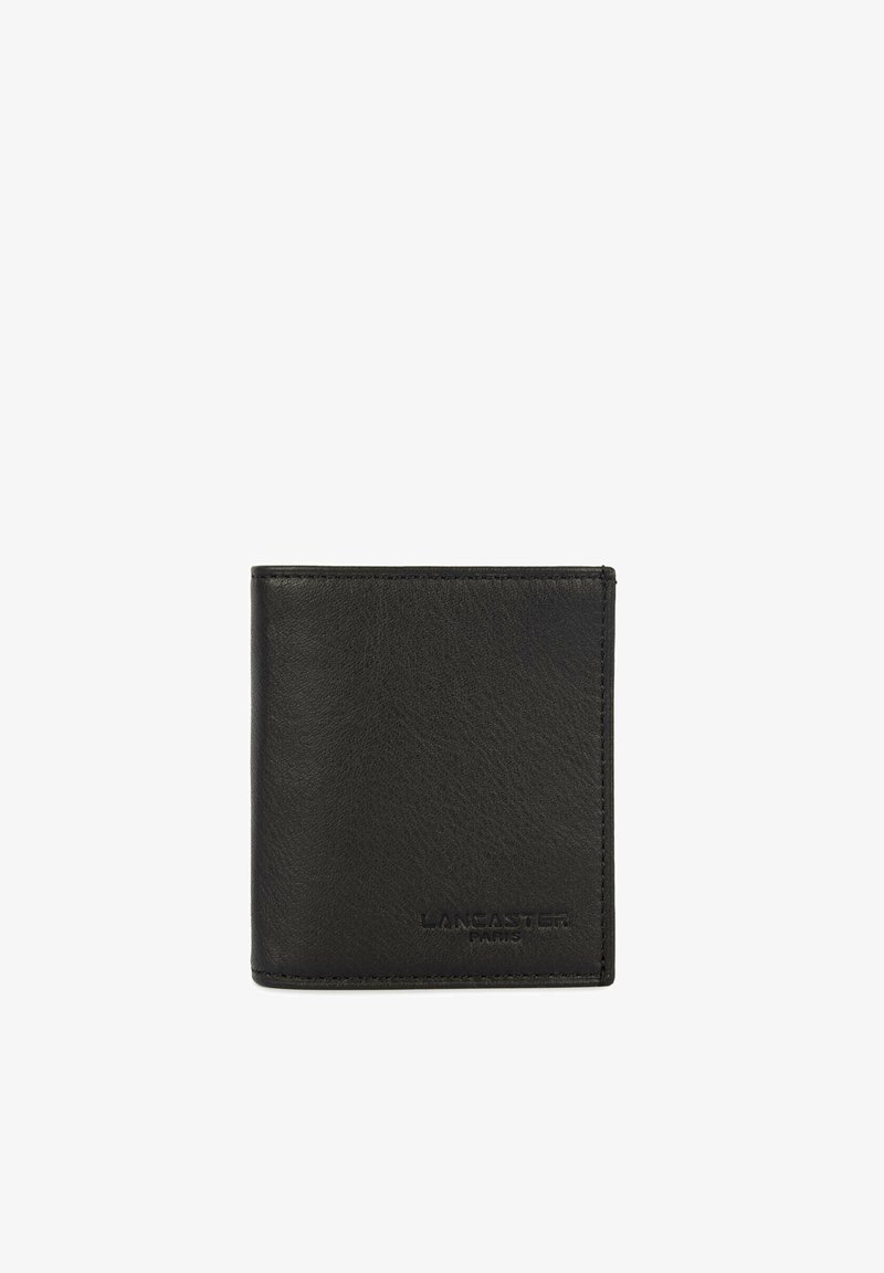 Portefeuille bi-fold en cuir noir avec bords cousus et logo "Lancaster Paris" embossé en bas à droite à l'avant.