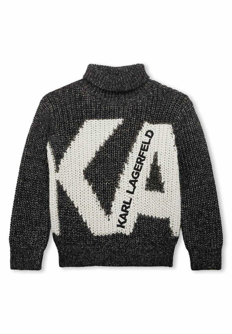 Pull en tricot avec un motif noir et blanc, doté d'un col montant, d'un grand logo en couleurs contrastées et de poignets et d'un ourlet côtelés.
