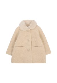 Cappotto teddy beige con colletto rotondo, quattro bottoni frontali, due tasche laterali e un esterno texturizzato e morbido.