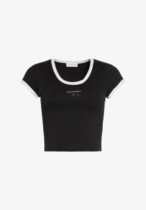 T-shirt court noir avec bord blanc au col rond et aux manches, avec petit logo Calvin Klein centré sur la poitrine.