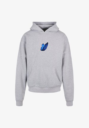 Hoodie gris à manches longues, avec une poche avant et un motif de papillon bleu au centre. Fabriqué en tissu doux avec une coupe décontractée.