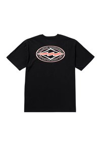 Sort bomulds T-shirt med et stort hvidt og rødt grafik på ryggen, der viser "Billabong Boardshorts" og et bølgemotiv.
