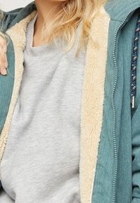 Giacca zip-up teal con fodera in sherpa beige, abbinata a una maglietta grigia sotto. La giacca presenta dettagli con cordoncino e tasche laterali.