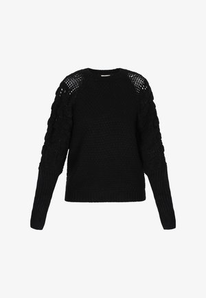 Črni pleteni pulover z dolgimi rokavi, ki ima odprto tkanino na ramenskem območju in teksturiran kabelski pleten vzorec na zgornjih rokavih.