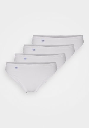 White cotton bikini briefs in a pack of four, featuring a smooth texture, elastic waistband, and small logo on the front.