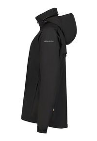 Černá nepromokavá bunda s kapucí, s hladkým povrchem, zipovým zapínáním a nastavitelnými manžetami. Logo vytištěné na levém rameni.