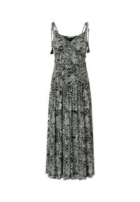 Vestido maxi sin mangas en blanco y negro con patrón abstracto de zigzag y tirantes con flecos en los hombros.