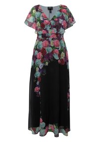Robe maxi à imprimé floral avec un décolleté en V, des manches à volants et une base noire. Présente des motifs de roses multicolores et de pivoines sur le tissu.