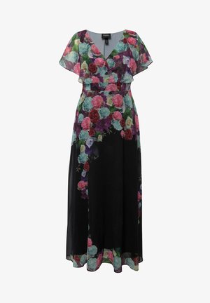 Maxi sukienka w kwiatowy wzór z dekoltem w serek, falbankowymi rękawami i czarnym tłem. Materiał ozdobiony jest wielokolorowymi wzorami róż i piwonii.