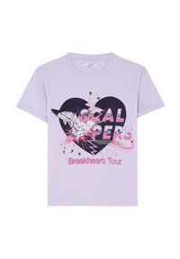 Vaaleanlila puuvillapaita, jossa on musta sydängrafiikka, valkoinen varislinnun kuva ja teksti "SCALPERS & The Breakheart Tour."