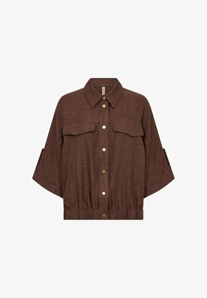 Brown textured button-up shirt with wide three-quarter sleeves, two chest flap pockets, a collar, and elasticated hem.