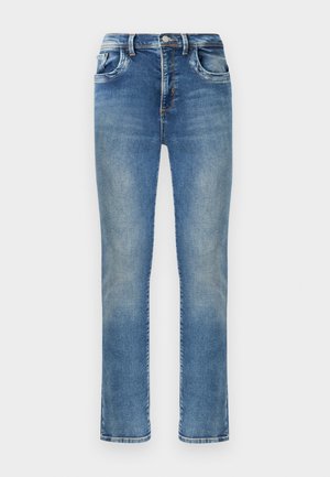 Jean en denim bleu à coupe droite avec une décoloration usée, bouton avant, braguette zippée, passants pour ceinture et design classique à cinq poches.