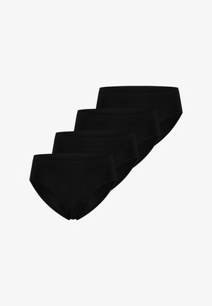 Cztery czarne bezszwowe majtki ułożone w nieregularnym, nakładającym się rzędzie na białym tle.