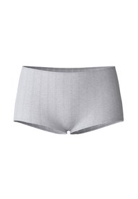 Lichtgrijze naadloze boyshort ondergoed voor dames met subtiele verticale ribbeltextuur, weergegeven tegen een witte achtergrond.