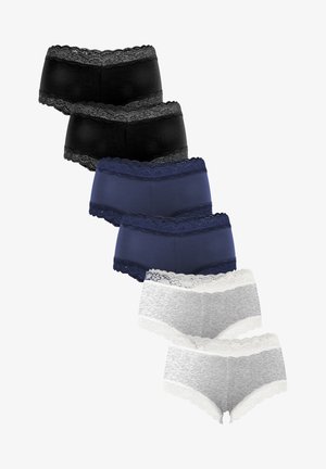 Women’s lace-trimmed boxers, in black, navy, and white colors, feature a smooth fabric with a decorative lace waistband.