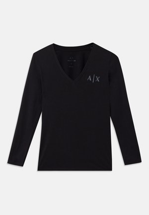 Camisola preta de manga longa em V feita de algodão macio; apresenta o logótipo bordado "A/X" em cinza no lado superior esquerdo.