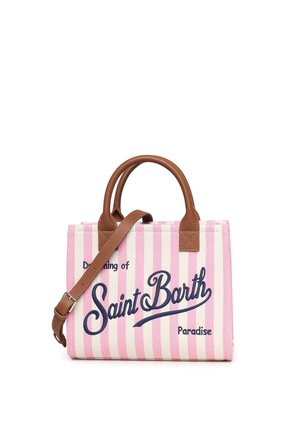 Sac à main rayé rose et blanc avec poignées et bandoulière marron, brodé de « Dreaming of Saint Barth Paradise » en bleu marine.