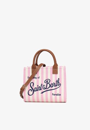 Borsa a righe rosa e bianca con manici e tracolla marroni, ricamata con "Dreaming of Saint Barth Paradise" in blu navy.