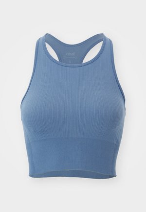 Light blue ribbed sports bra with a fitted design, wide straps, and a racerback silhouette. Soft texture and seamless band at the bottom.