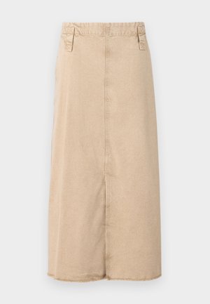 Beige denimskirt med længde til midt på læggen, med en oprevet kant, to sidelommer og syninger på taljebåndet.