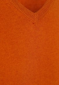 Oranje gebreide trui met een V-hals en een textuur oppervlak, gemaakt van een zachte, rekbare stof. Geen zichtbare patronen of hardware.