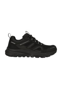 Schwarze wasserdichte Wanderschuhe mit einem strukturierten Stoffobermaterial, gepolsteter Sohle und verstärktem Zehenbereich. Mit elastischen Schnürsenkeln und Schlaufen für ein einfaches Anziehen.