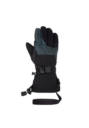 Black winter glove with a padded design, adjustable strap, and rubber accents in dark grey. Features textured grip and structured cuff.