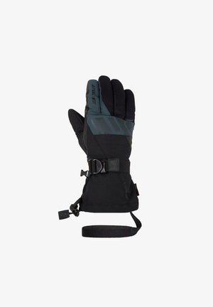 Black winter glove with a padded design, adjustable strap, and rubber accents in dark grey. Features textured grip and structured cuff.