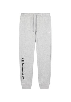 Pantaloni della tuta grigi in misto cotone, con vita elastica con coulisse, polsini alle caviglie e un grande logo "Champion" nero sul lato.