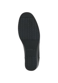 Zwarte schoenenzool met patroon; heeft het merk "Caprice" vermeld in reliëf. Uitzicht van bovenaf, met rubberen materiaal en ontwerp.