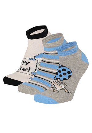 Three ankle socks with blue, gray, and black colors; designs include stripes, a "Happy" text, and a rabbit holding a blue polka-dotted umbrella.