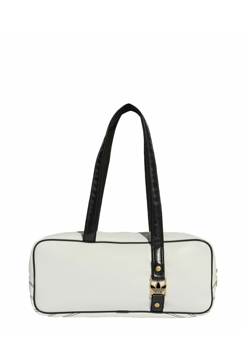 White rectangular bag with black trim and handles. Features a gold clasp with a logo and contrasting stitching on the side. Smooth texture.