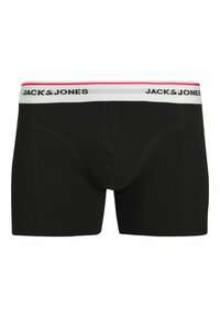 Schwarze Boxershorts mit einem weißen elastischen Bund, auf dem "JACK & JONES" in Schwarz und roten Akzenten steht. Glattes Material, körpernahe Passform.