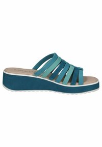 Sandală wedge teal cu mai multe curele înguste, textură netedă și talpă albă. Material moale și design contemporan.