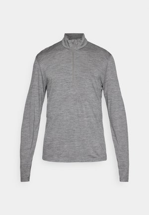 Gray long-sleeve pullover with a zippered collar, made of soft, textured fabric. Features a slim fit and minimalistic design.