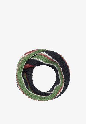 Gestrickter Loop-Schal mit horizontalen Streifen in Grün, Schwarz, Weiß und Rot auf weißem Hintergrund.