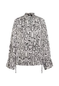 Langärmlige Bluse in Schwarz-Weiß-Schlangenmotiv. Verfügt über einen gerafften Kragen, eine Button-Front-Verschluss und Kordelzüge an den Ärmeln.