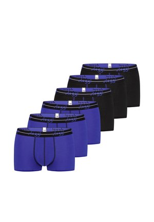 Zes herenboxers in afwisselend blauw en zwart, elk met zwarte taillebanden voorzien van een blauw logopatroon.