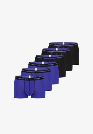 Six boxers pour hommes en bleu et noir alternés, chacun avec une ceinture noire arborant un motif de logo bleu.
