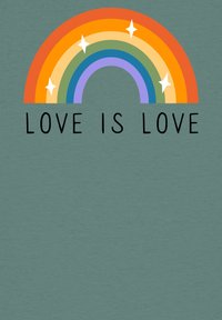 Buntes Regenbogenbild mit orange, gelben, grünen, blauen und lila Bögen über dem Text "LIEBE IST LIEBE" auf einem türkisfarbenen Hintergrund.