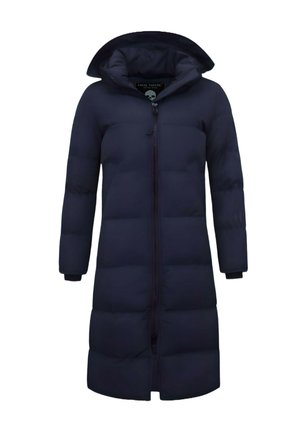 Lange donker marineblauwe donsjas met capuchon en ritssluiting aan de voorkant, ontworpen voor warmte en volledige bedekking.