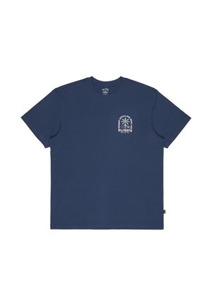 Navy blue cotton t-shirt with short sleeves, featuring a white palm tree graphic and text on the left chest area. Classic crew neckline.