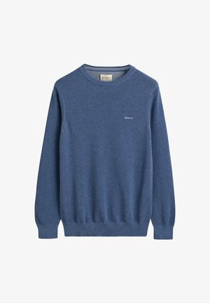 Blauer Pullover aus strukturiertem Strickstoff, mit Rundhalsausschnitt sowie gerippten Bündchen und Saum. Kleines Logo auf der Brust.