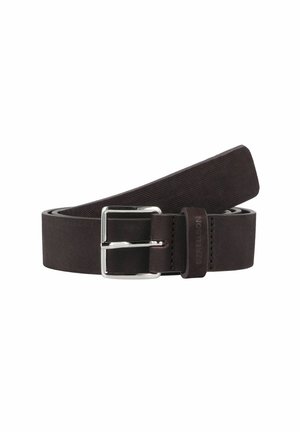 Brown leather belt with a smooth texture, silver metal buckle, and embossed branding detail near the buckle.  Designed with a classic shape.
