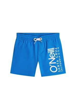 Blauwe zwembroek met een wit trekkoord en witte tekst "O'Neill Santa Cruz California U.S.A" op het rechterbeen.